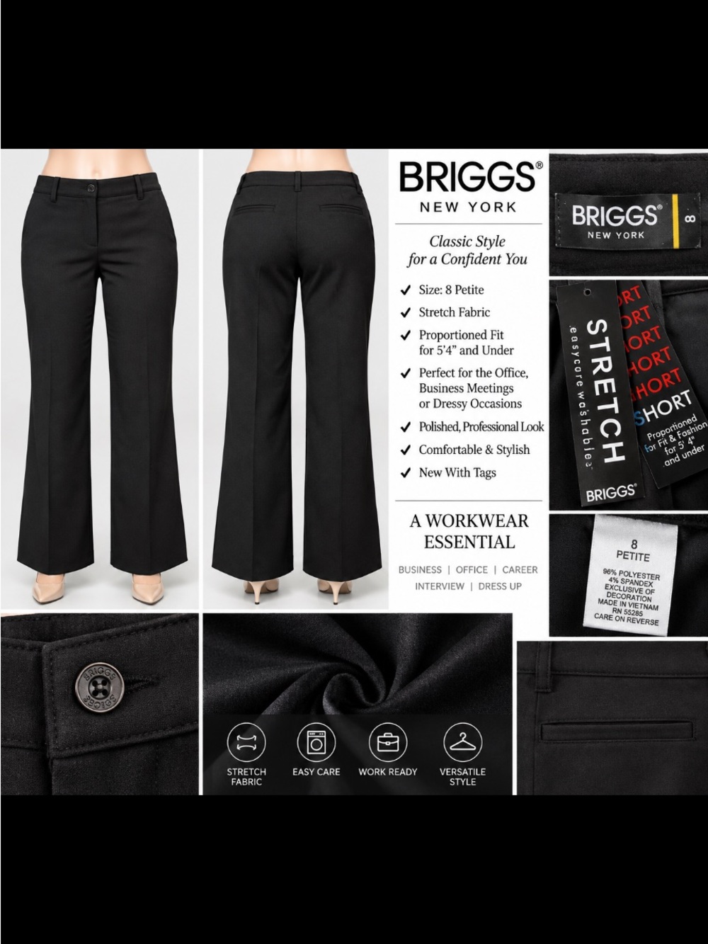 Briggs New York Black Boot-Cut Stretch Work Pants